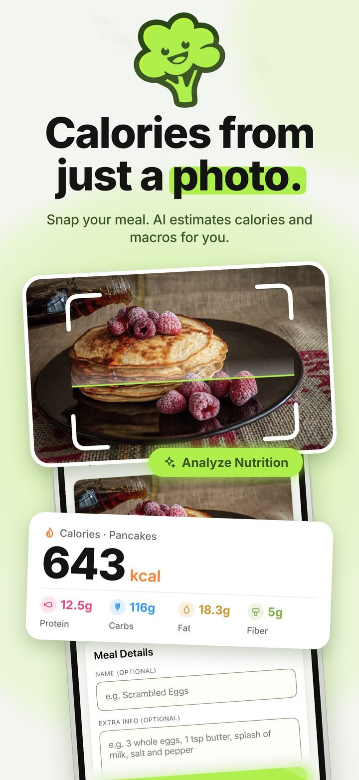 Nutrido screenshot “Calories from just a photo”: AI scans a plate of pancakes and estimates 643 kcal with protein, carbs, fat and fiber