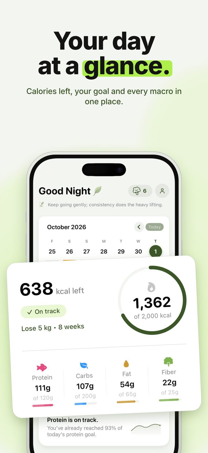 Nutrido screenshot “Your day at a glance”: home screen with 638 kcal left, 1,362 of 2,000 kcal and macro progress