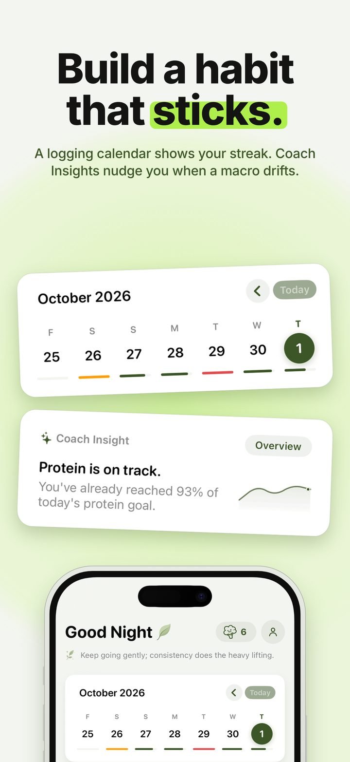 Nutrido screenshot “Build a habit that sticks”: logging calendar and a Coach Insight saying protein is on track