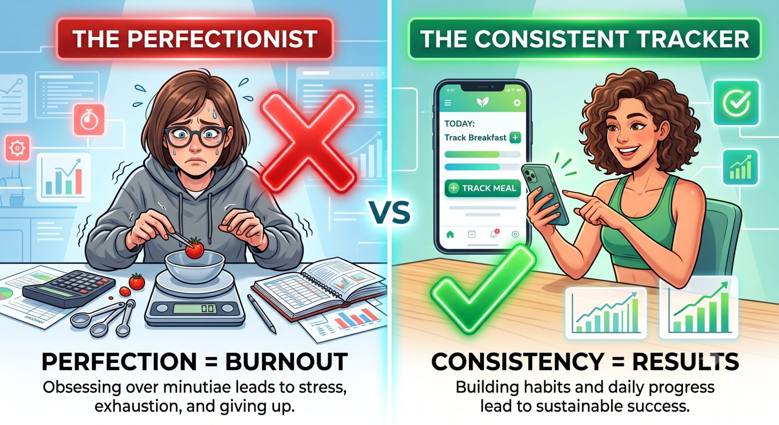 Split illustration contrasting an exhausted perfectionist weighing every gram of food (perfection equals burnout) with a relaxed person consistently logging a meal in an app (consistency equals results).