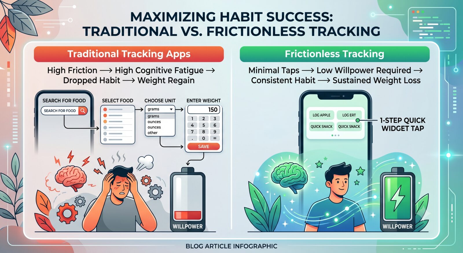 Infographic comparing high-friction traditional tracking apps that drain willpower and break the habit with frictionless one-tap logging that keeps willpower high and sustains weight loss.