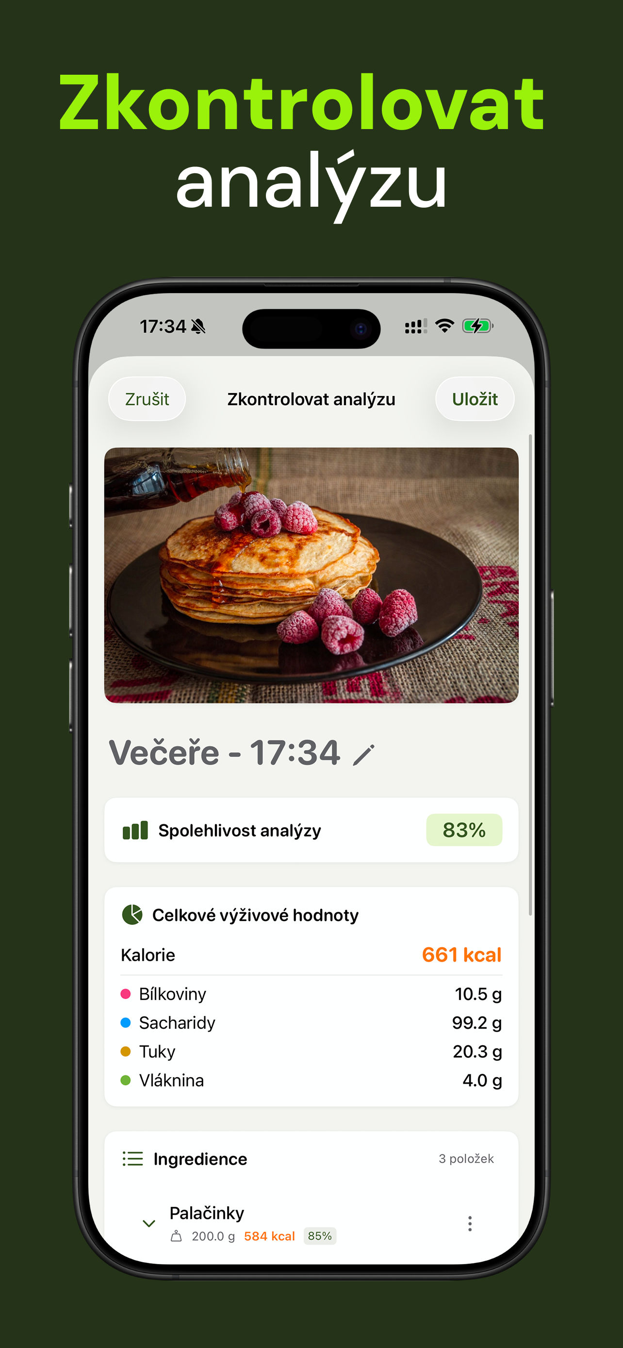 Snímek aplikace Nutrido — AI analyzuje jídlo a počítá výživové hodnoty