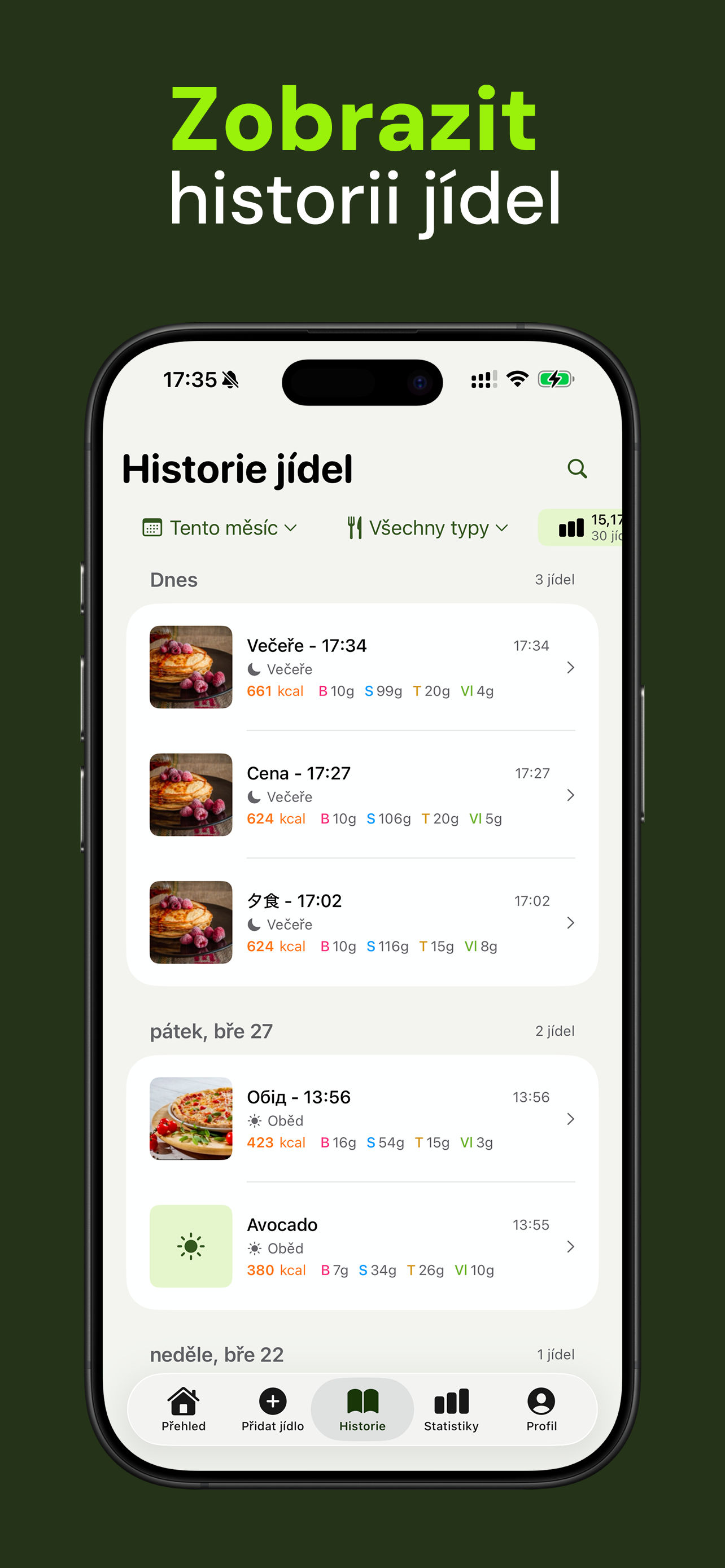 Snímek aplikace Nutrido — procházejte historii jídel