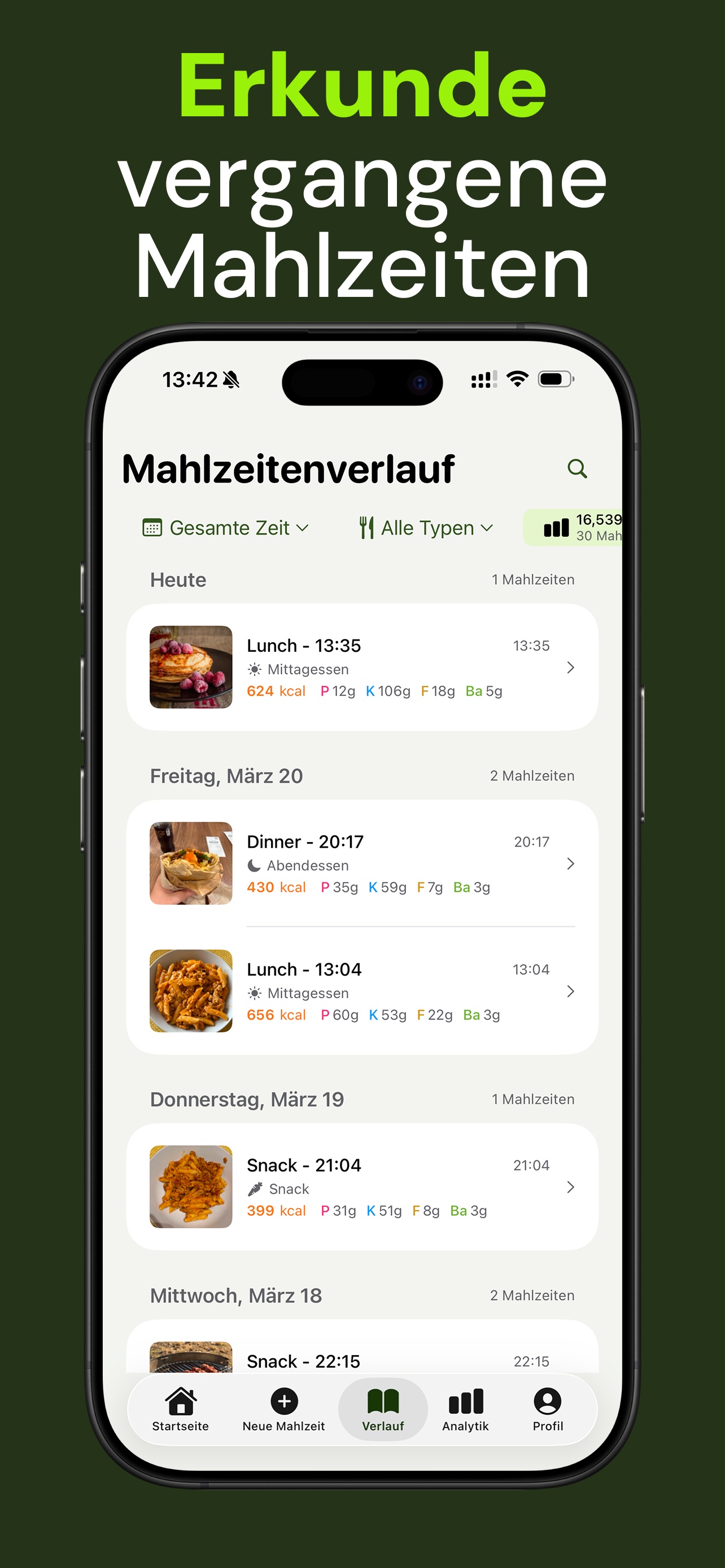 Nutrido App Screenshot — vergangene Mahlzeiten im Verlauf durchsuchen