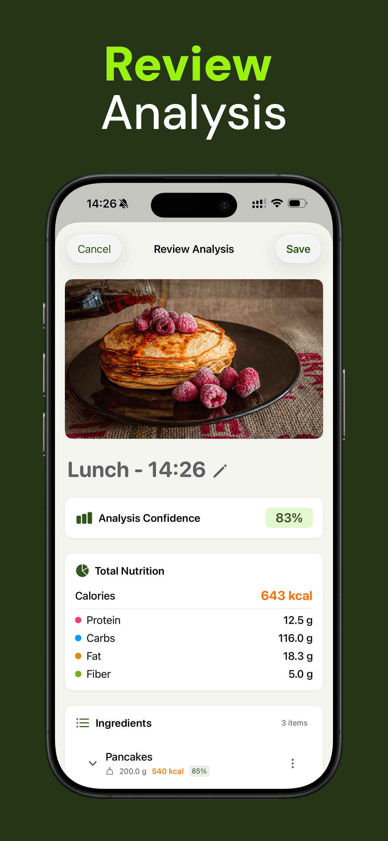 Nutrido app screenshot — AI analyzing your food and calculating nutrition