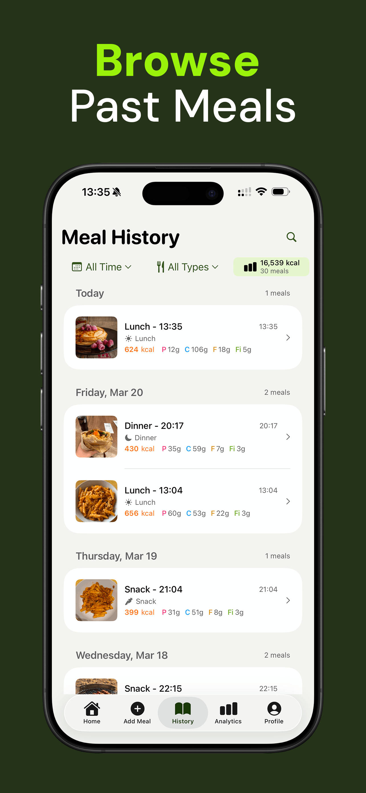 Nutrido app screenshot — browse your meal history
