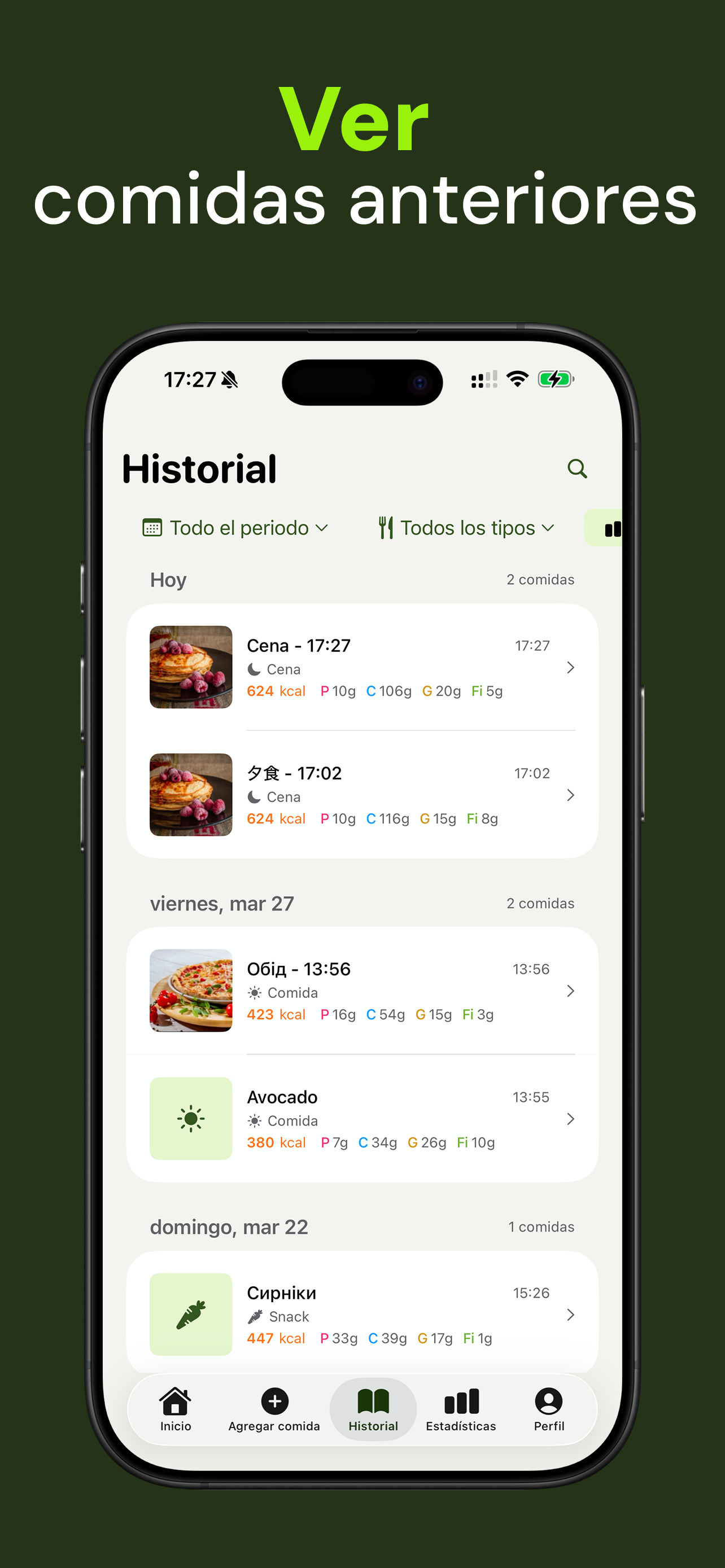 Captura de la app Nutrido: consulta tu historial de comidas