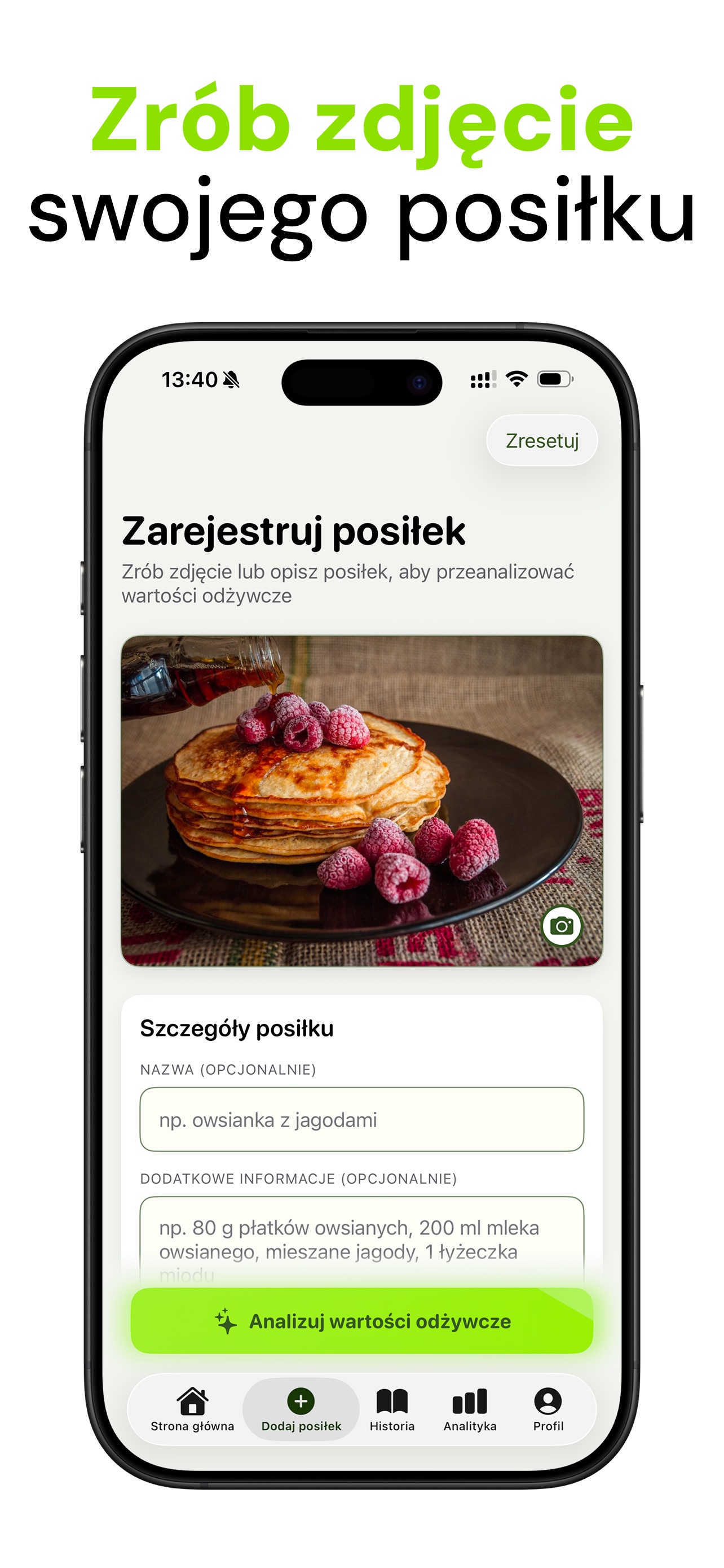 Zrzut ekranu Nutrido — fotografowanie posiłku
