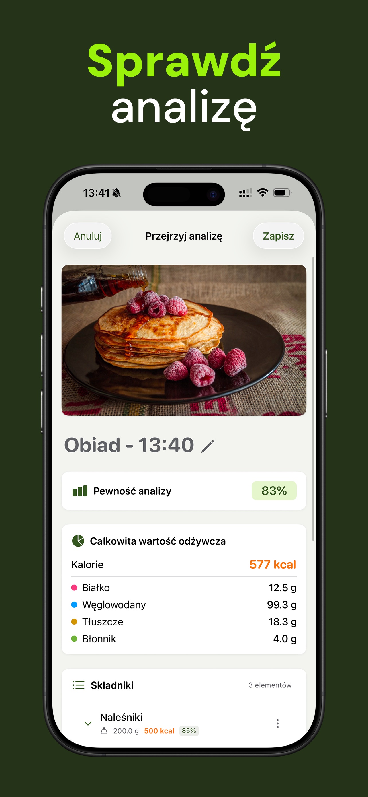 Zrzut ekranu Nutrido — AI analizuje jedzenie i oblicza wartości odżywcze