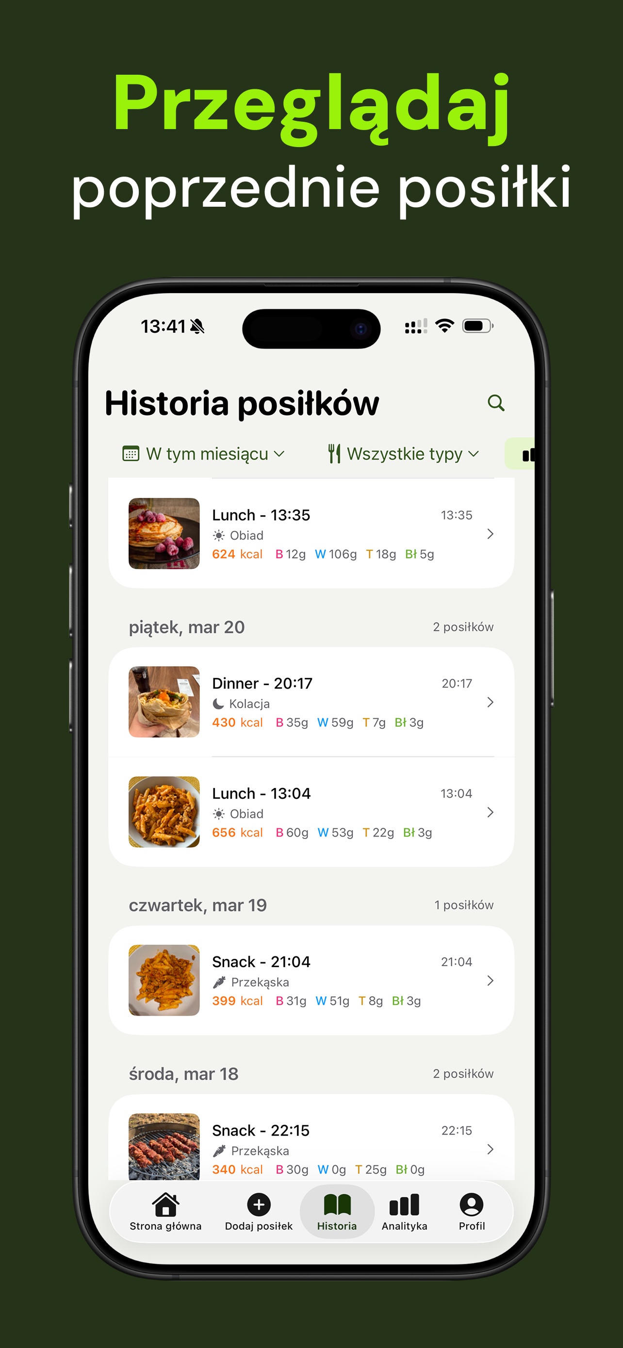 Zrzut ekranu Nutrido — przeglądanie historii posiłków